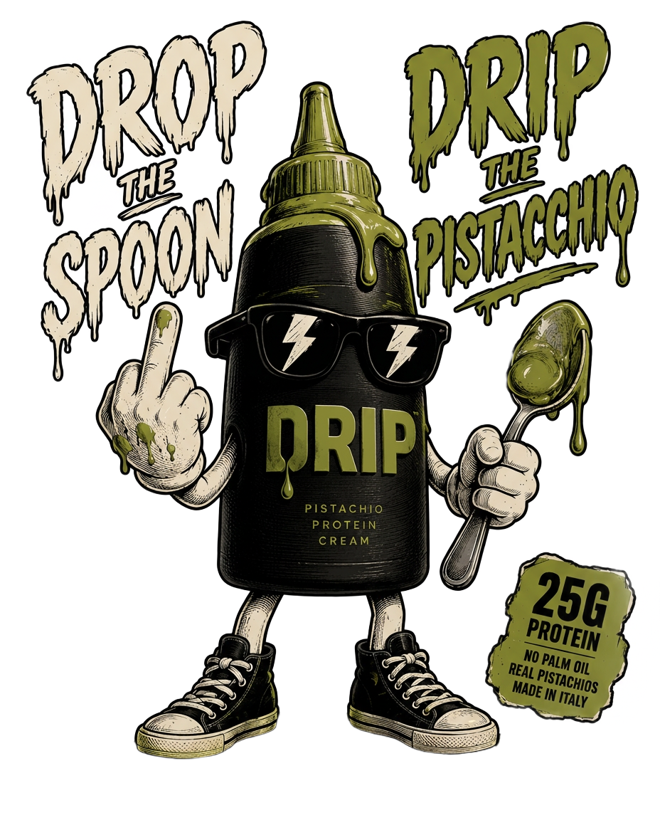 DRIP mascot — a black squeeze bottle with sunglasses, sneakers, and a spoon