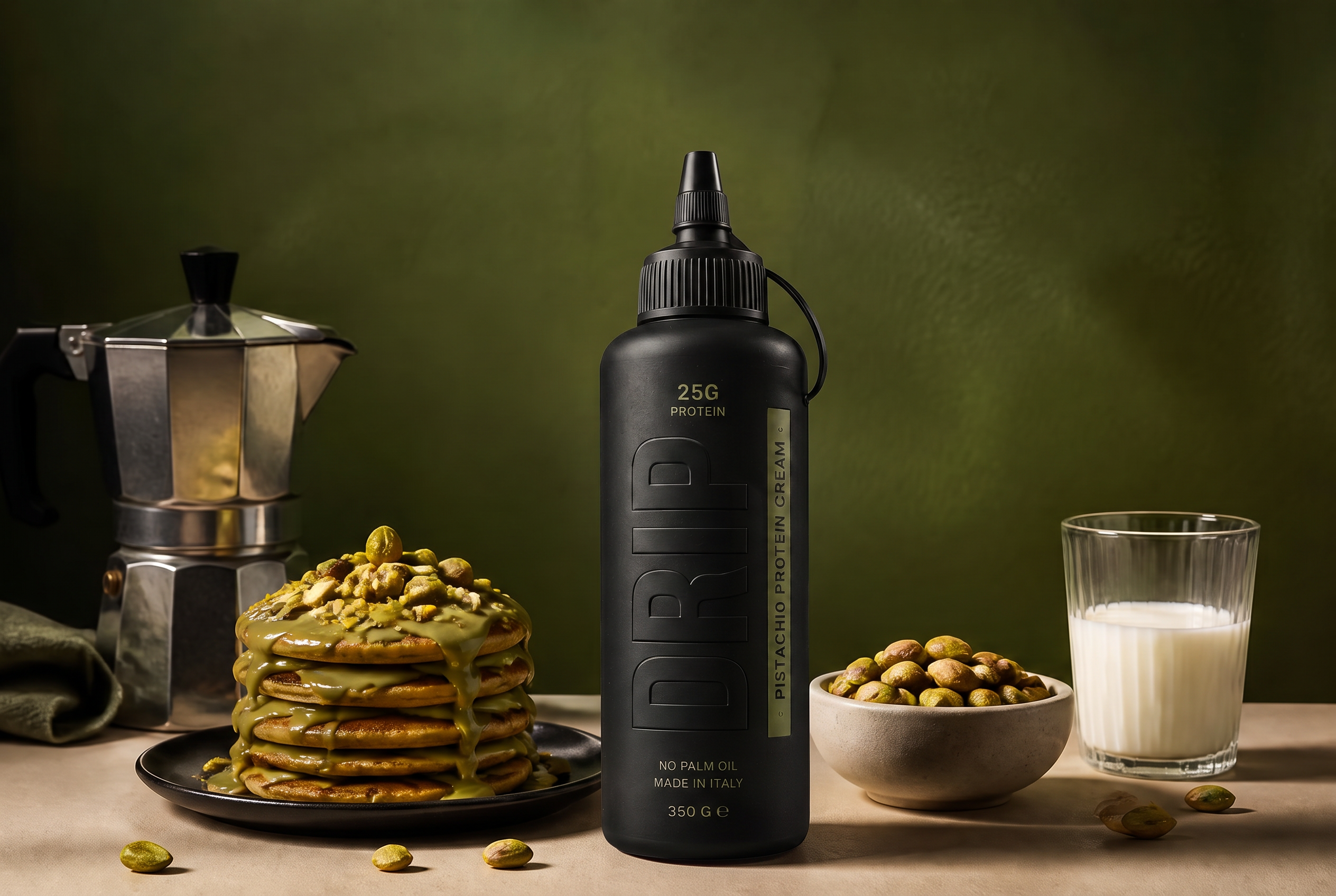 Matte black DRIP squeeze bottle on a table with pistachio cream pancakes